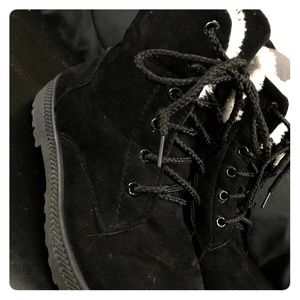 Black suede flat platform lace up boots